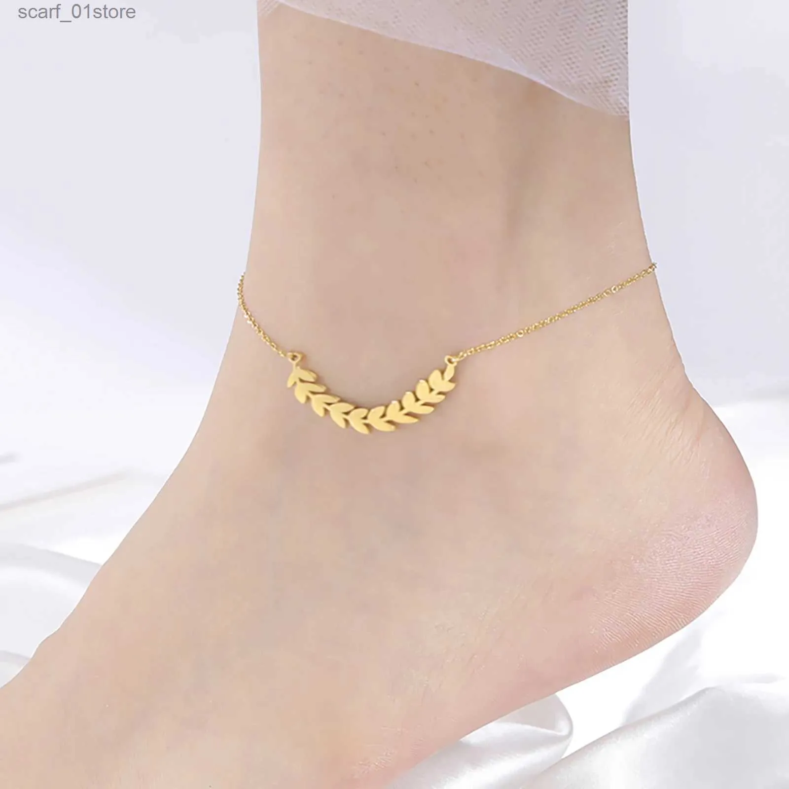 Anklets Skyrim Bohemia Leg Ankle Bracelet Stainless Steel Gold Color Ear of Wheat Tree Leaves Beach Foot Chain Anklet Jewelry for WomenL231219