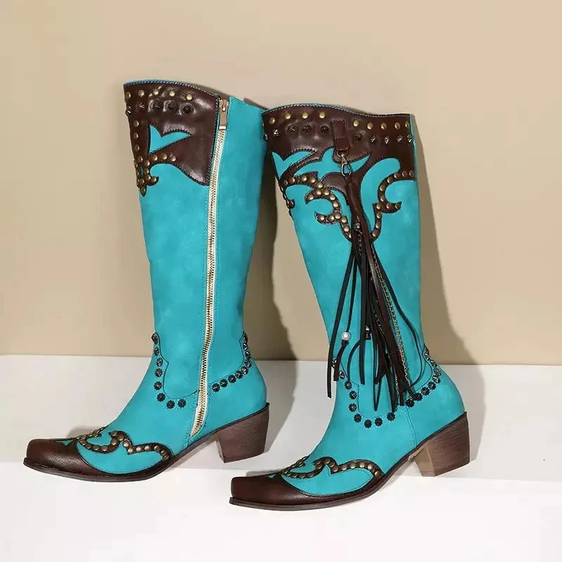 El yapımı kadın varış 137 tıknaz topuk püskül kare ayak parmağı mavi kovboy tarzı akşam partisi moda batı botları 231219