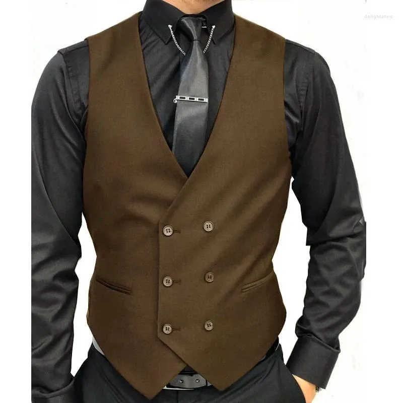 Chalecos para hombres 2023 Traje de doble botonadura Marrón Slim Fit Hombre Novio Boda Chaleco Formal Negocios Chaqueta sin mangas