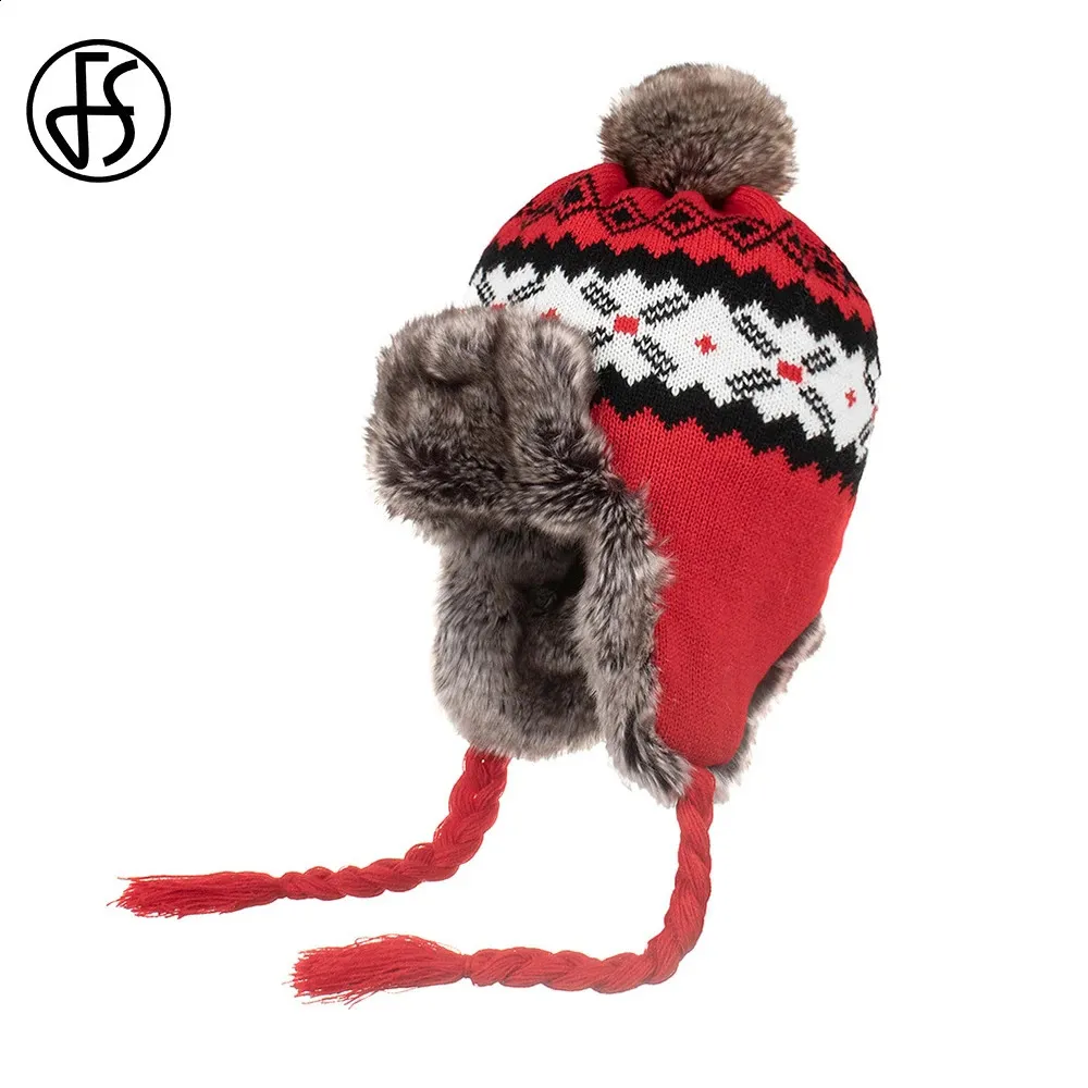 Trapper Hats FS Winter Woolen Bomber Cap For Men Women Outdoor Warm Snow Earflap Hat With Fur Pompom Red Windproof Russian 231219