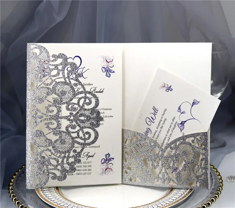 Wedding Invitation Card Glitter Laser Hollow Business Invitation Card Grey Black Personalized Glittery Invitation Card + Envelope