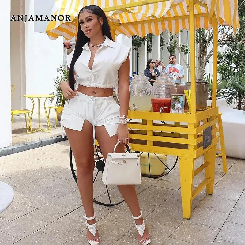 Set Anjamanor Sexy Two Piece Set Shorts och Crop Top Shirts Women Clothes Fashion Trends 2022 Summer Outfits White D85Fz23