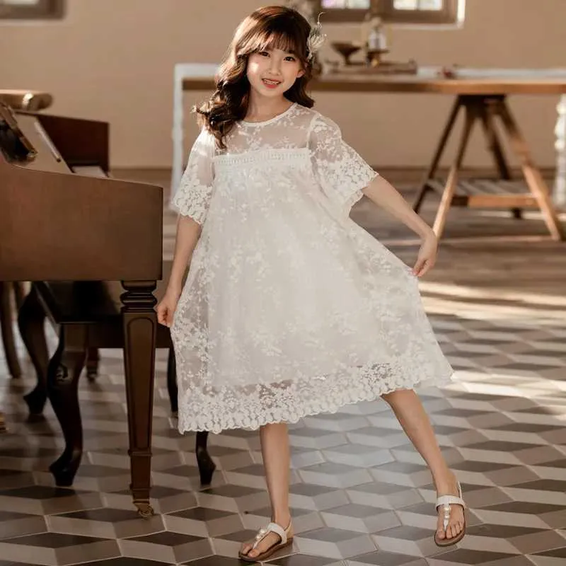 Mädchenkleider Weißes Spitzenkleid für Teenager, niedlich, lang, kurzärmelig, Prinzessin, Hochzeitskleid, Sommer, neue Kinderkleidung, 4–16 Jahre