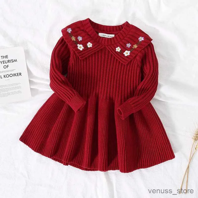 Girl's Dresses 2022 Baby Girl Winter Party Dress Long Sleeve Fashion Flower Embroidery Knitted Dress Toddler Girl Sweater Dress Kids Girl