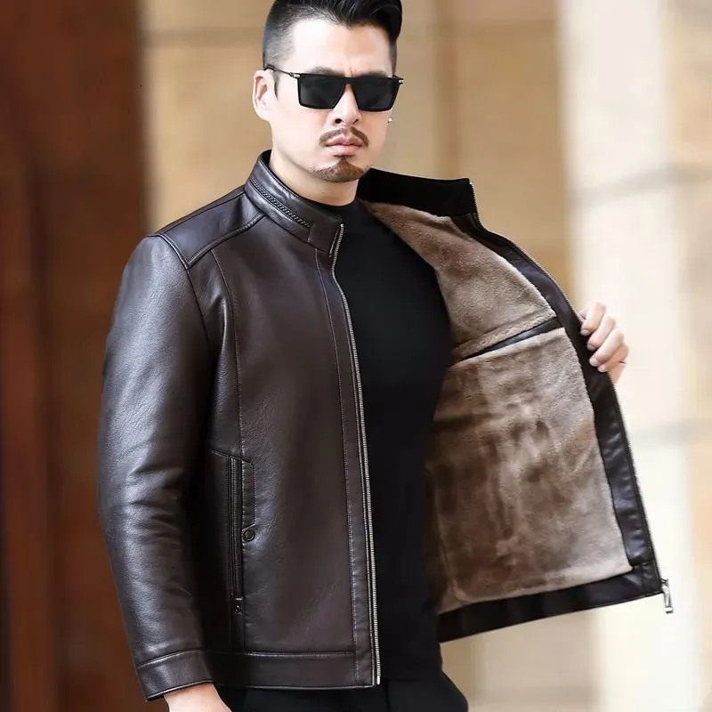 Jaquetas masculinas Natural Genuine Leather Jacket Standup Collar Business Casual Fur Onepiece Super Soft Plush Forro Homens Quentes 231219