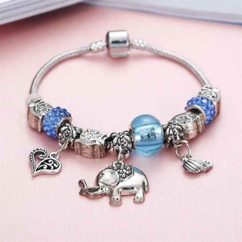 Charmarmband kristallarmband för kvinnor legering söt silver färg charm elefant hjärta form hänge pärlor armlets smycken pul2141