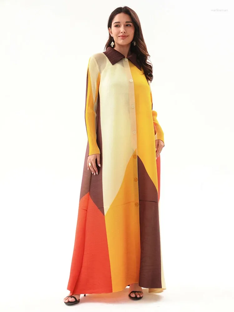 Casual Dresses Miyake Pleated Turndown Collar Long Sleeve Single Breasted Printed Dress Women 2024 Abaya Fashion Original Designer Coats