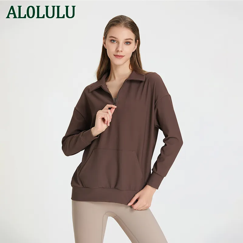 AL0LULU con logo risvolto a coste felpa per abbigliamento sportivo autunnale e invernale top da yoga da donna