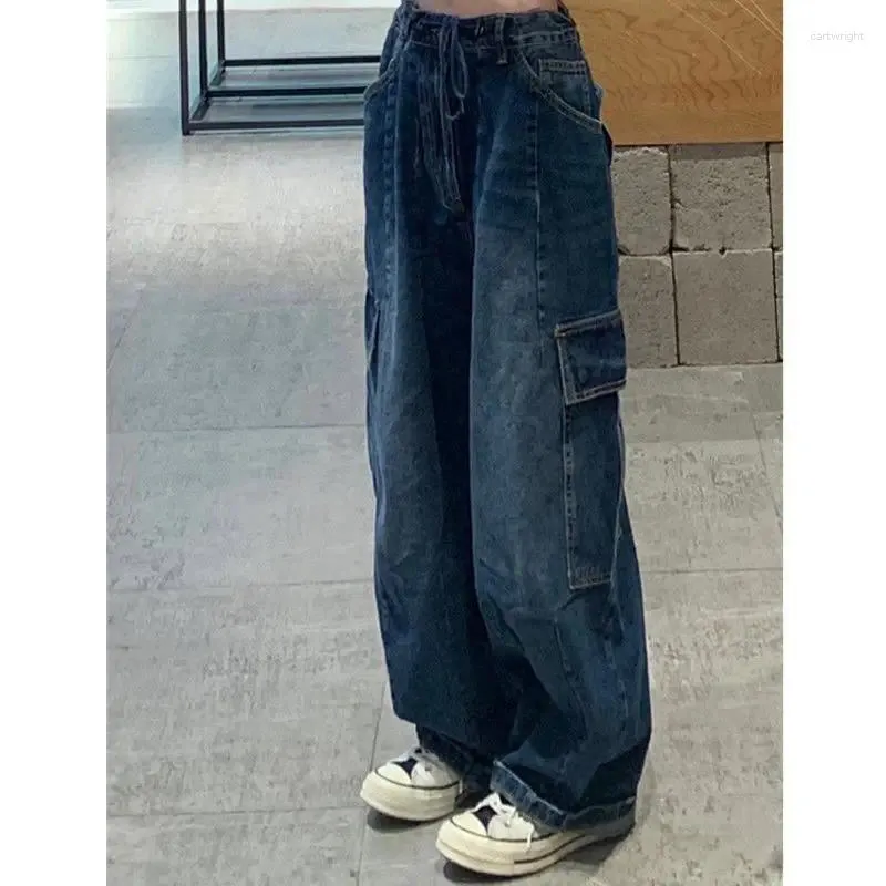 Women's Pants Vintage Cargo Jeans Loose American High Waisted Slim Straight Wide Leg Y2k Streetwear Female