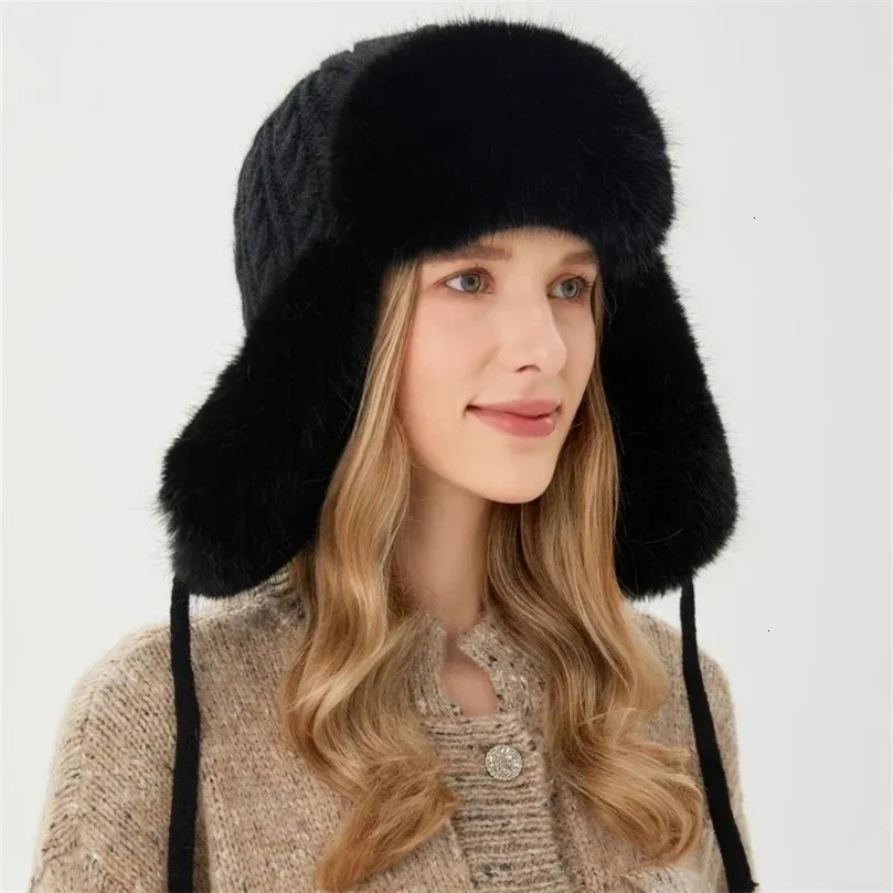 Trapper hattar päls vinter förtjockad varm stickad ryska mössor mode ushanka öronflup pilot hatt kvinnor skid snö bombplan 231219