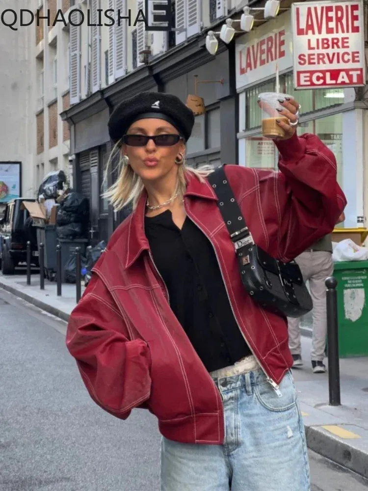 Femmes en cuir Faux femmes veste revers fermeture éclair recadrée manteau décontracté à manches longues haut en vrac 2023 hiver mode Streetwear femme vêtements 231219