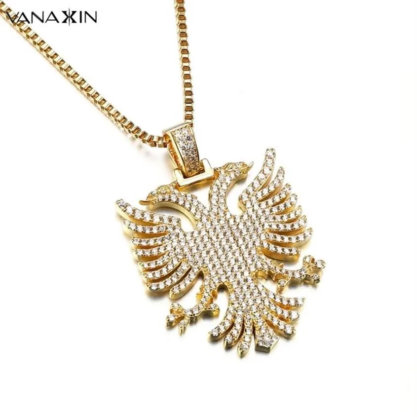 Albania Eagle Pendant Necklace Iced Kosova Serbia Double-headed Eagle CZ Paved Statement Hiphop Jewelry Men Women Ethnic Gifts 201254o