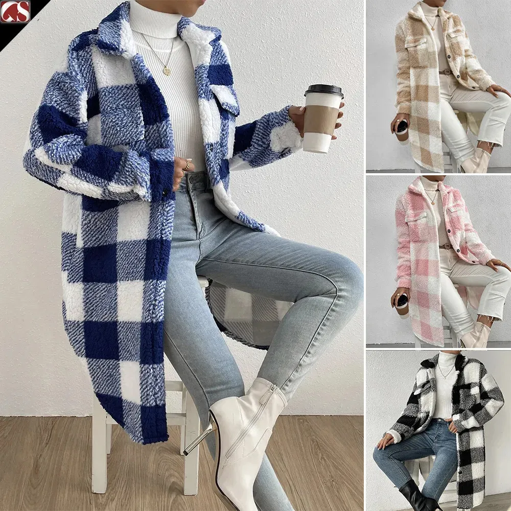 Jaqueta feminina gola virada para baixo manga longa xadrez botão cardigan casacos oversized feminino lã casacos fyy 90093 231219