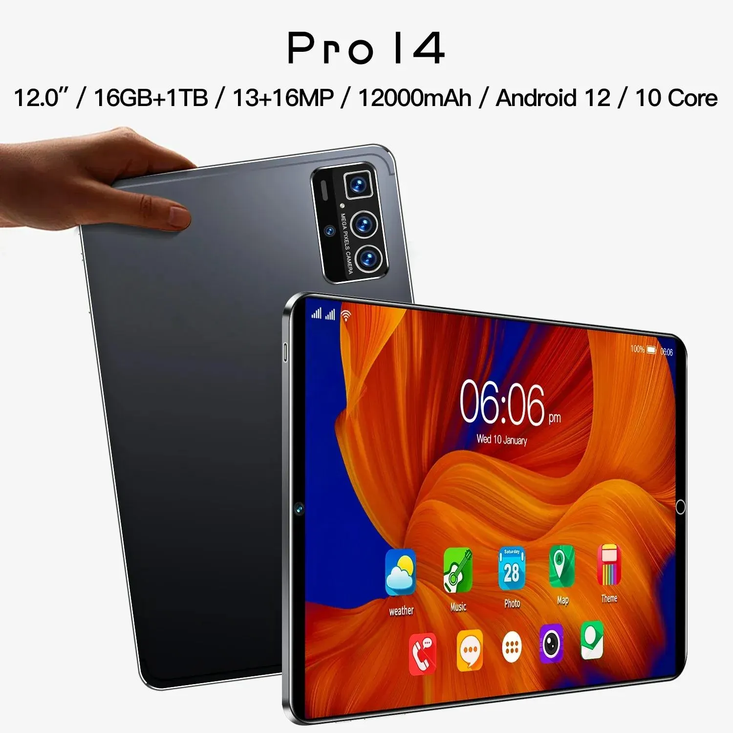 Оригинальный ПК 12-дюймовый планшет Pro14 Android12 16 ГБ + 1 Т 13 + 16 МП 12000 мАч 5G Bluetooth 5.0 Графика для путешествий WiFi HD Поддержка глобальных языков