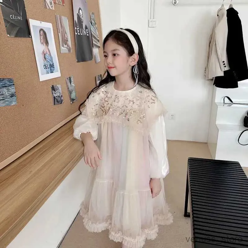 Robes de fille filles robe tulle 2023 Spring automne vêtements pour enfants couleurs arc-en-ciel coure couche élégant princesse paillettes robes pour enfants