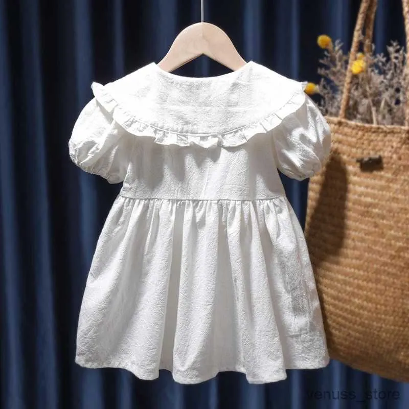 Robes de fille Robe De Fille D'été Coton Blanc Brodé Grand Revers Manches Courtes Robe Fille Tenue Décontractée Ropa De Nia