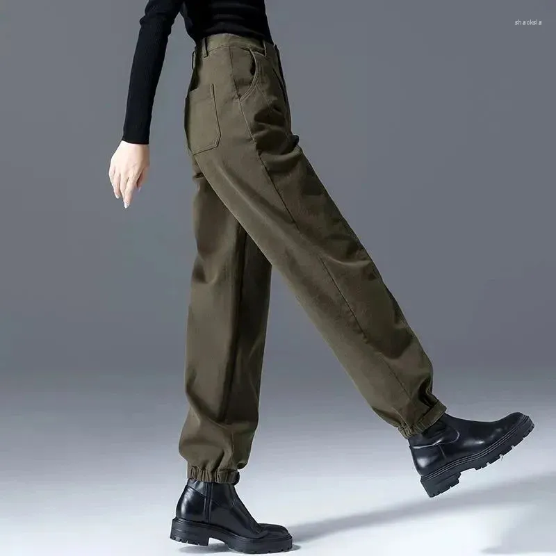 Женские брюки, зеленые повседневные осенние и зимние джинсы с высокой талией, 2023, шаровары с завязками, корейские модные брюки-карго