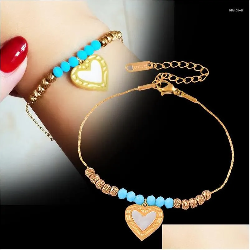 Chain Link Bracelets Leeker 316L Stainless Steel Shell Heart Pendant For Women Gold Color Blue Ball Fashion Jewelry Accessories 535 Lk Dhsiy