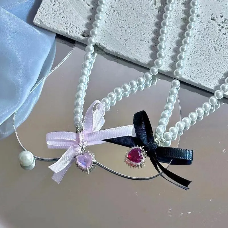 Ensemble collier et boucles d'oreilles Vintage en strass, pendentif en forme de cœur, Imitation de perle pour femmes, charme Lolita, mode esthétique, bijoux Y2k