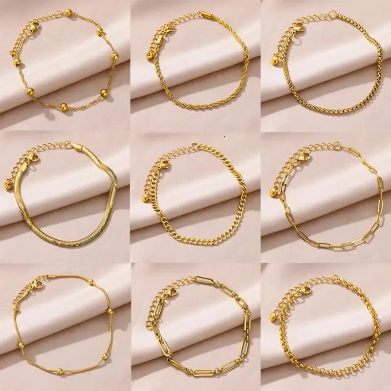 Braccialetti con ciondoli Cavigliere per le donne Cavigliera a catena color oro in acciaio inossidabile Accessori da spiaggia estivi femminili Gamba del piede Gioielli di moda 231219