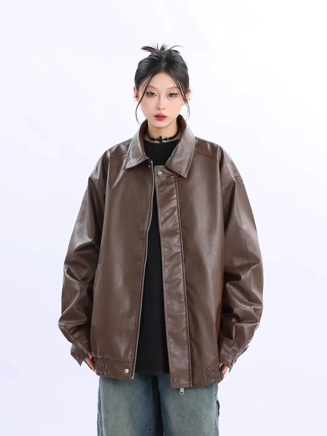 Manteau en Faux cuir pour femmes, automne Traf américain, veste rétro marron, vestes Trf, vêtements d'hiver 2023, 231219