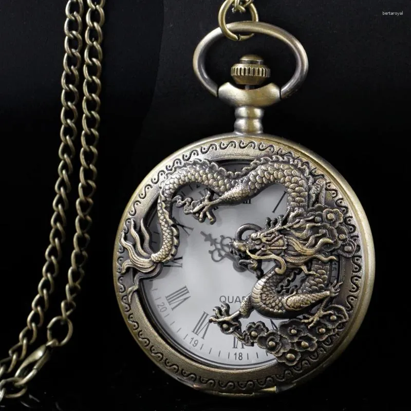 Pocket Watches Roman Numerals Half Hollow Dragon Pattern Quartz Watch Necklace Chain Pendant Steampunk Vintage Clock Gift Male