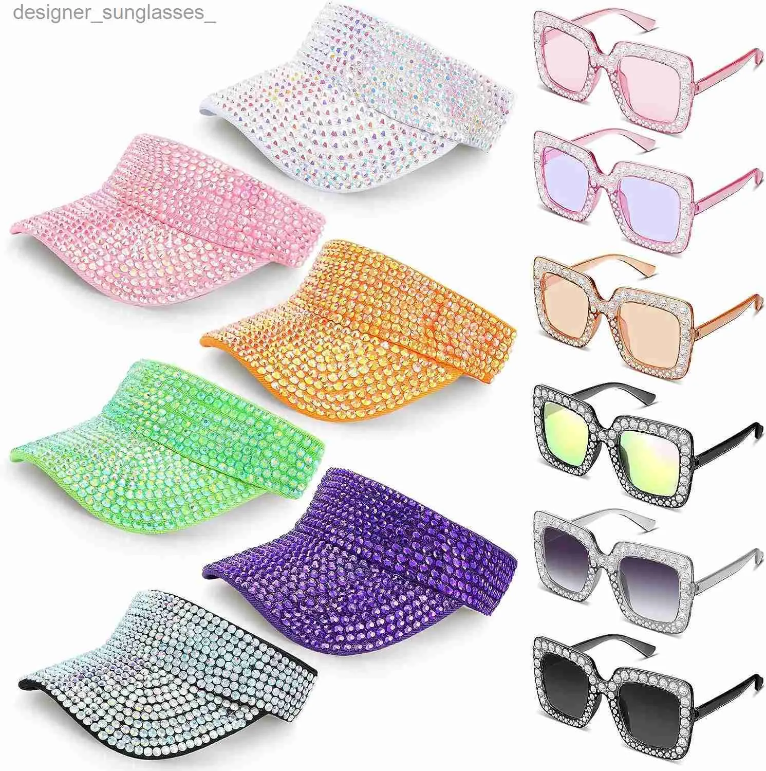 Visors Shiny Rhinestones Sport Sun Visor Adjustable Summer C for Women Golf Tennis Running and Glitter Sunglasses Retro Total 12 PcsL231219