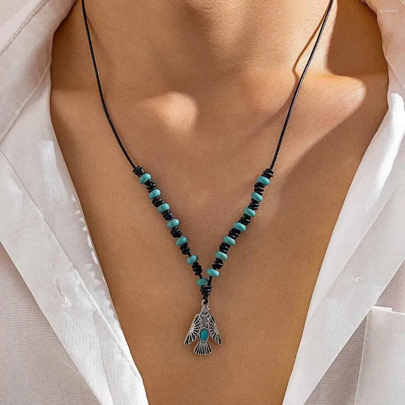 Pendant Necklaces KunJoe Punk Geometric Metal Bird Necklace For Men Bohemian Blue Stone Beads Leather Rope Chain Choker Party