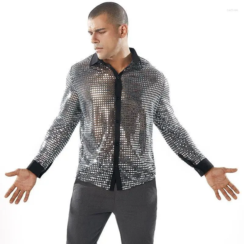 Mannen Casual Shirts 2024 Heren Sparkly Pailletten Party Dance Retro 70S Disco Nachtclub Shirt Tops Cosplay Kostuums