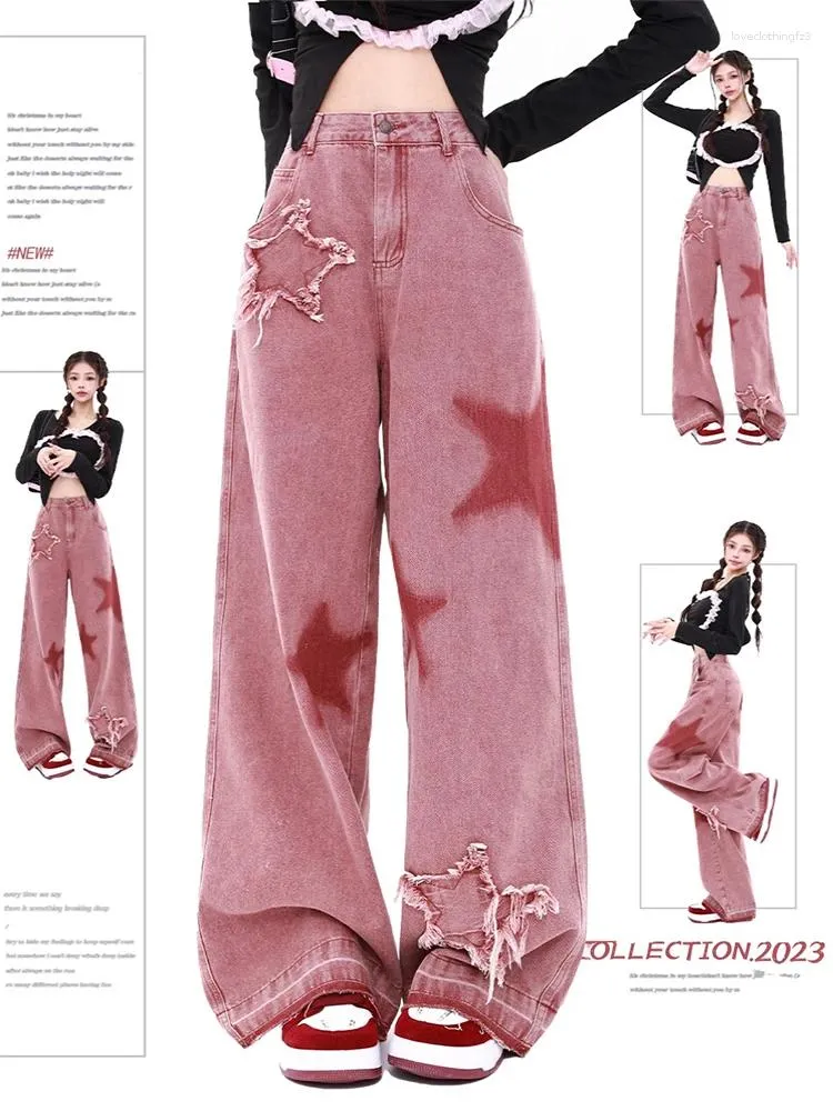 Kadınlar Kot Vintage Kırmızı Geniş Bacak Yıldızı 90'lar Moda Estetik Denim Pantolon Harajuku 2000s Yüksek Bel Bol Pantolon Giysileri