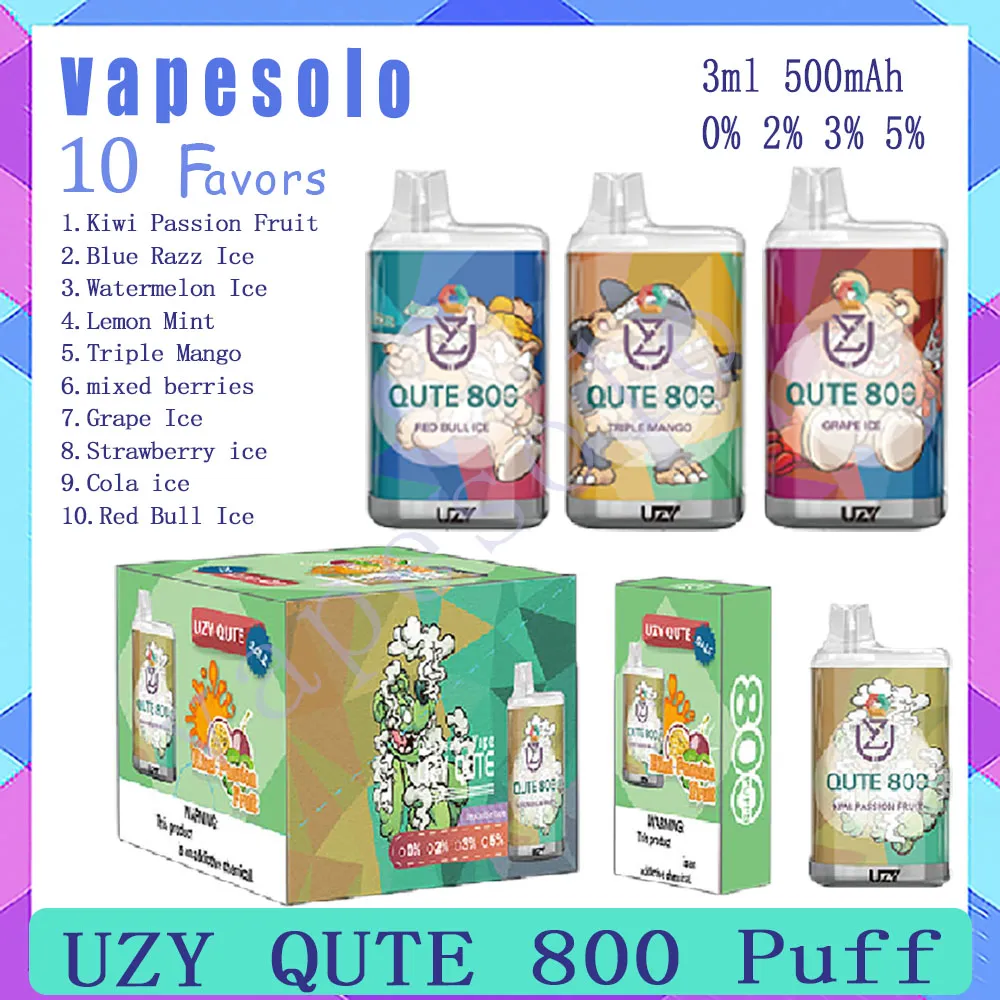 Original UZY Qute 800 Puff Descartável E Cigarros Bateria Recarregável 500 mAh 3 ml Pod Malha Bobina Puffs 800 Vape Pen