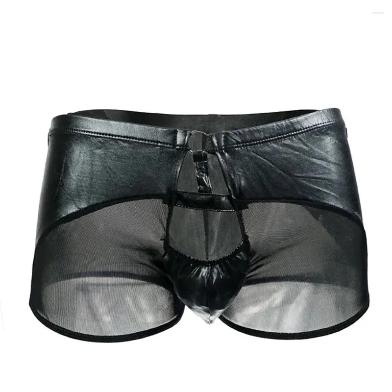 Onderbroek Mannen Trunks Kunstleer Splicing Mesh Boxer Wetlook Slips U Bolle Ondergoed Shorts Lingerie Calzoncillos Hombre