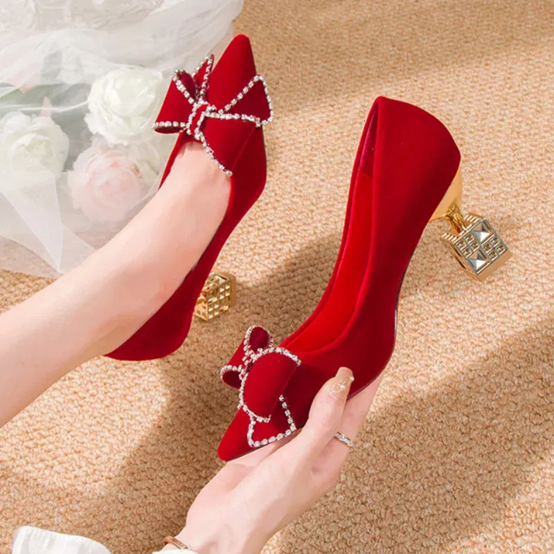 Rimocy Red Sweet Bowtie Strange Style Pump Slip On Crystal High Heels Shoes Woman Flock Pointed Toe Elegant Bridal 231220