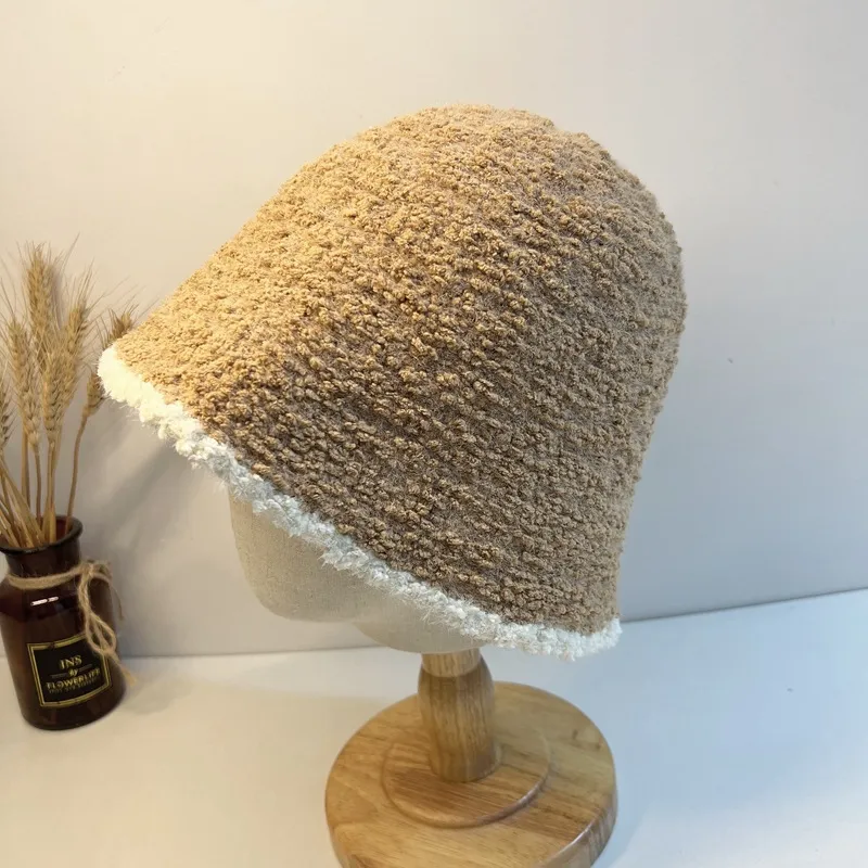 Autunno alla moda e inverno nuovi capelli agnelli Contrasto Colore bordo Cappello bucket Luxuria giapponese Peluga versatile cappello da pescatore Resto e cappello da ciotola semplice caldo e caldo cappello da ciotola