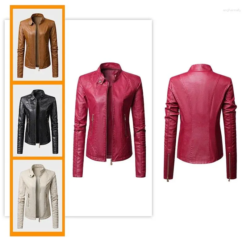 Vestes Femmes Casual Femmes Moto Veste Mode Col Montant Slim Fit 4 Couleurs Court Pu Manteau En Cuir Solide Classique Simple Femelle Survêtement