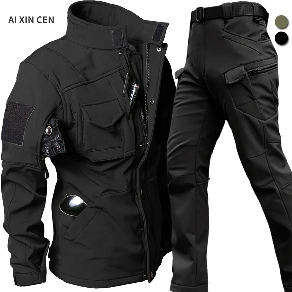 Abito per motociclisti impermeabili per motrici da uomo pantaloni tattici di pantaloni set di squali invernali uniformi di guscio morbido per guscio caldo cappotti in pile calda 231220