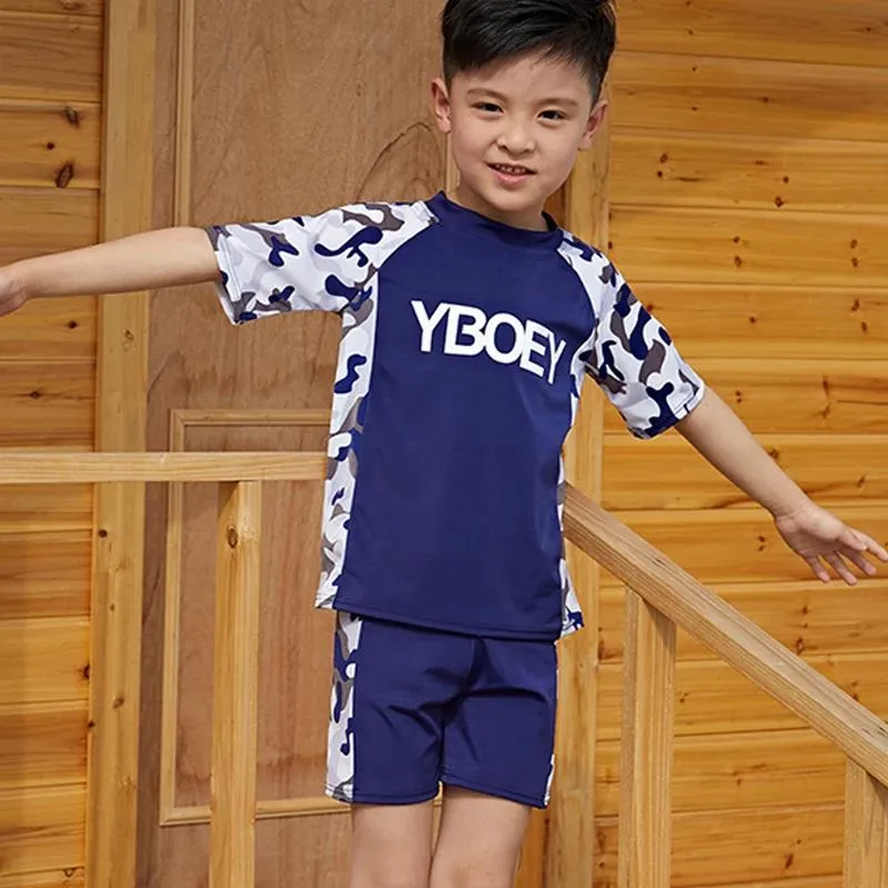 Wear Boys Swimsuits Sunblock 2 Pieces Swim Suit Camouflage Short Sleeve Children Swimwear Boy Split Swimsuit Kids Bodysuit Beach Wear