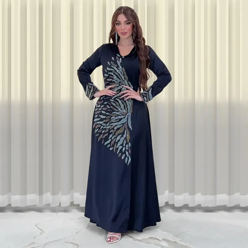 Ethnic Clothing Dubai Satin Evening Gown Fashion Diamond Abaya Muslim Dress Casual Loose Robe Moroccan Caftan Dresses For Women Cardigan