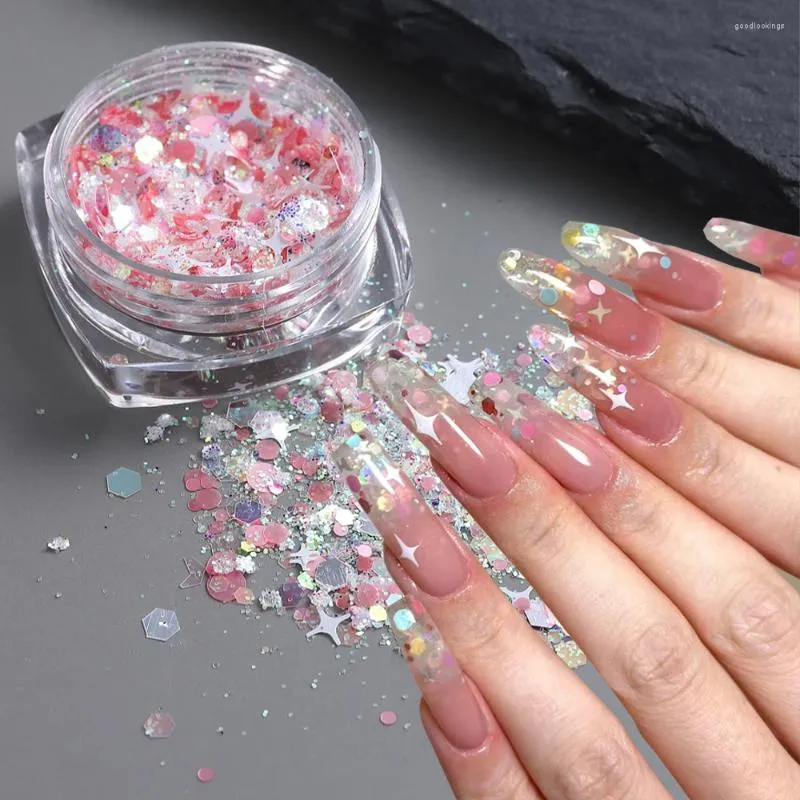 Nagel glitter stjärnor konst paljetter rosa hjärtan hexagon runda holografiska färgglada lysande flingor diy manikyr dekoration lebxms-01