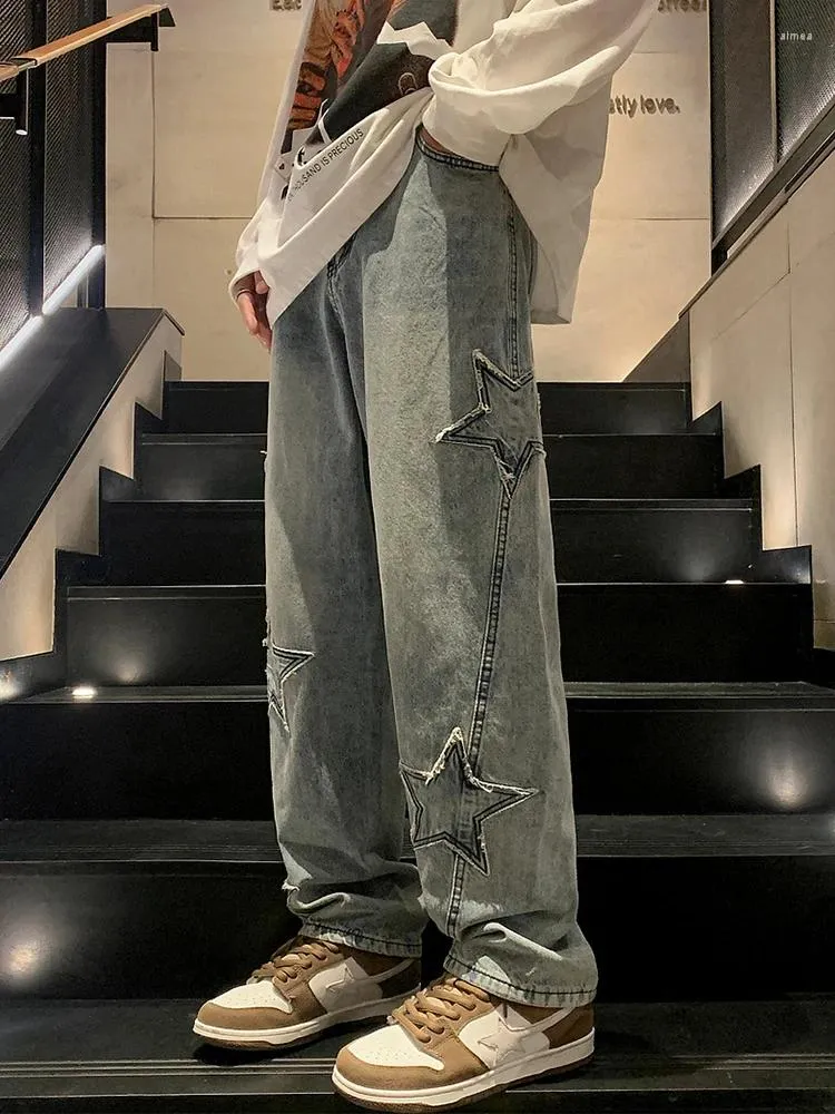 Männer Jeans HOUZHOU Sterne Stickerei Y2K Baggy Männer Denim Hosen Männliche Kleidung Gerade Hip Hop Baumwolle Hosen Pantalon Homme Herren