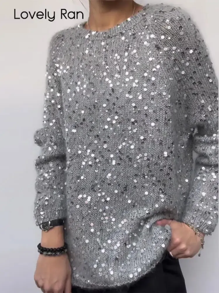 Pulls pour femmes Sparkle Top en tricot pailleté à manches longues col rond Wram Jumper bureau dames décontracté lâche trajet pull 231219