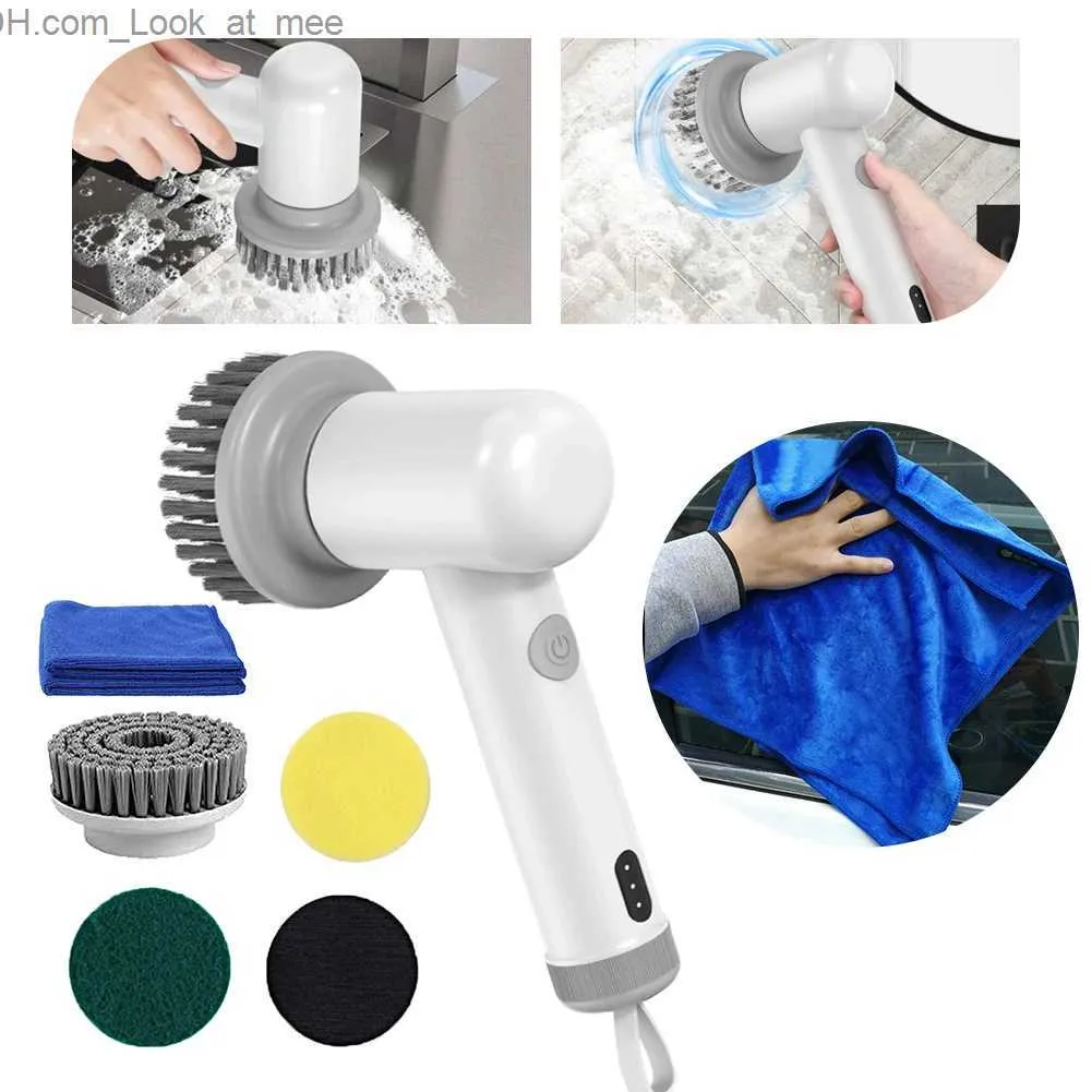 Cleaning Brushes Electric Household Brush Rechargeable Power Spin Scrubber With Multifunctional Replacement Heads Bathroom Q231221