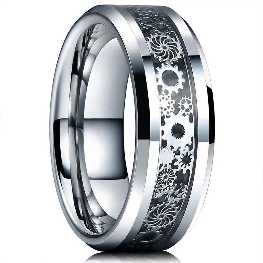 Vintage Silver Color Gear Wheel Stainless Steel Men Rings Celtic Dragon Black Carbon Fiber Inlay Ring Mens Wedding Band209a