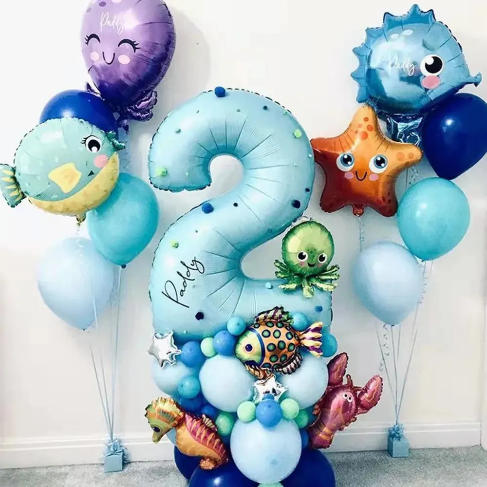 44pcs Under Sea Ocean World Animal Balloons Blue number balloon Party Theme Kids happy Birthday Decoration Baby Shower 231220