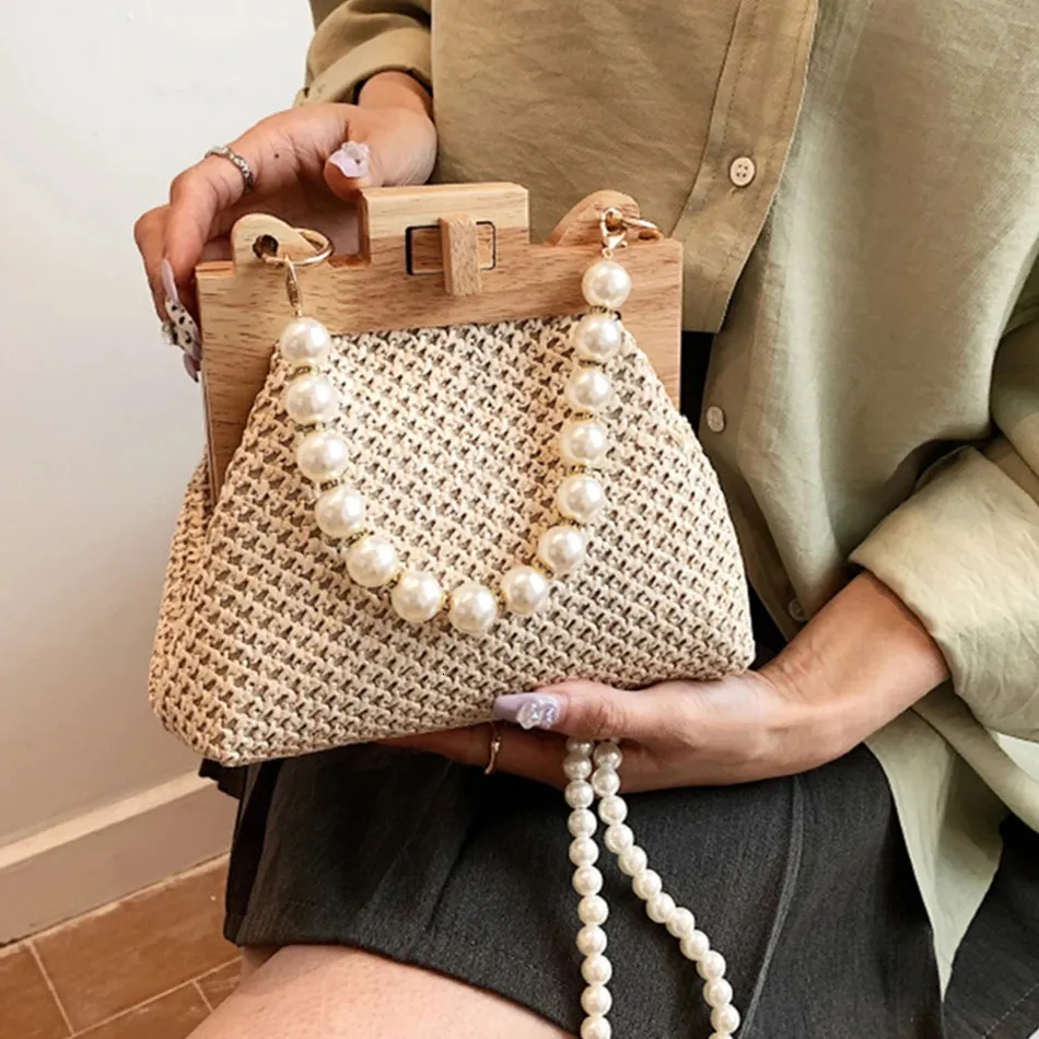 Akşam çantaları moda örgü saman omuz çantası kadınlar için yaz ahşap tutucu klip çanta lüks tasarımcı çanta trend kadın çanta 231219