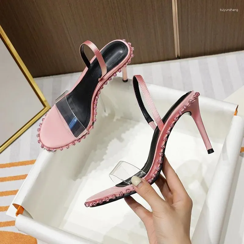 Elbise Ayakkabı Moda Pembe Kadınlar Stiletto Topuklar Yaz 2023 Şeffaf açık ayak parmağı dizisi deri rhinestone sandaletleri