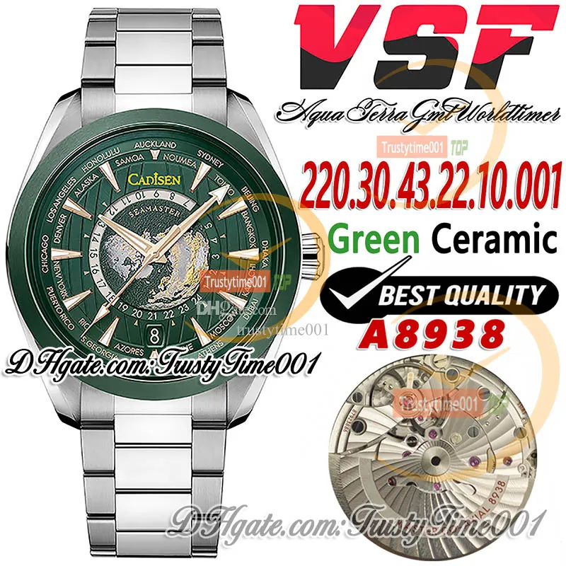 VSF Aqua 150M 220.30.43.22.10.001 GMT WorldTimer A8938 자동 남성 시계 43mm Green Ceramic Bezel 스테인리스 스틸 브레이슬릿 슈퍼 에디션 TrustyTime001Watches