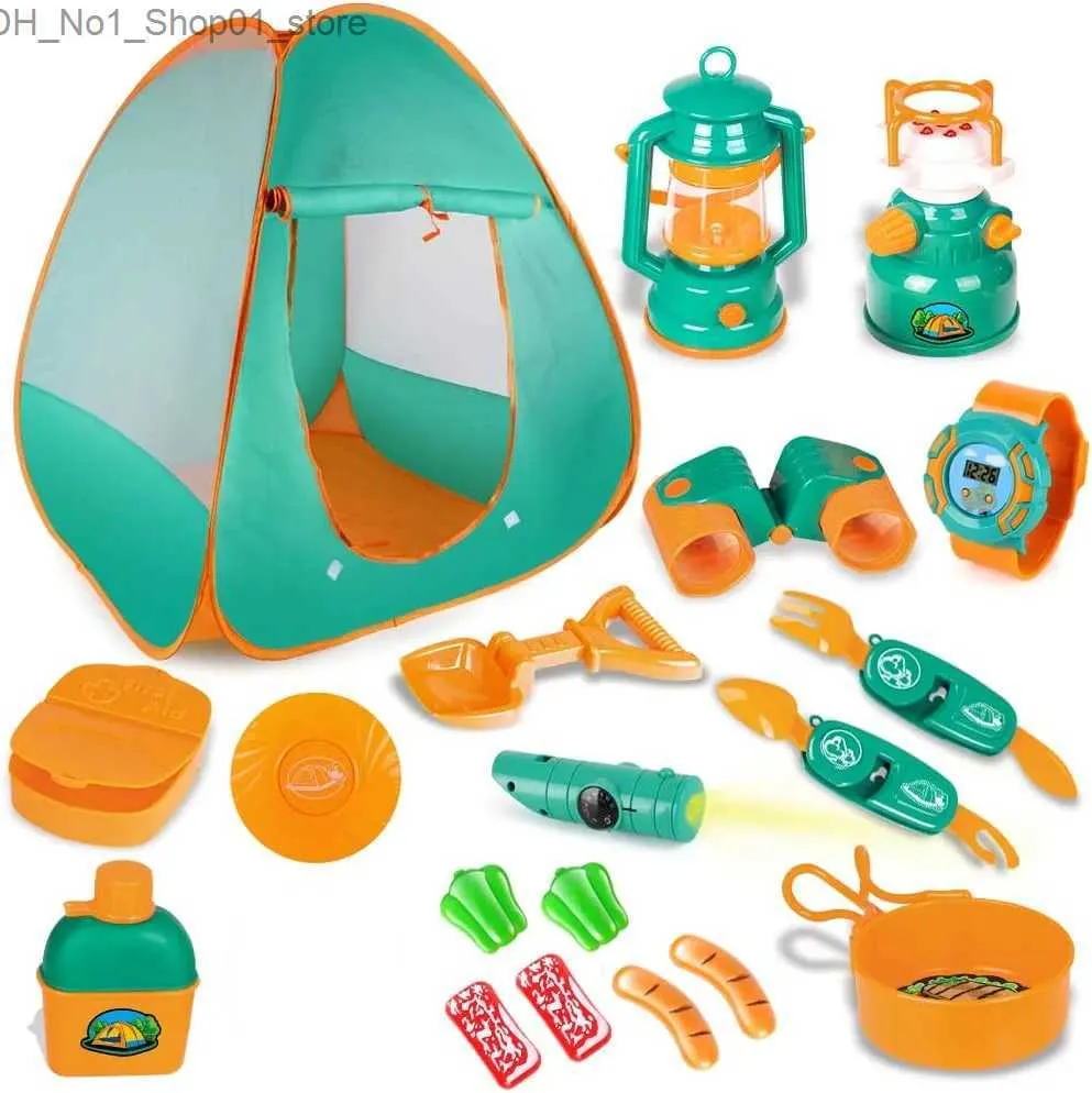 Tor de brinquedos de tendas de brinquedo acampar com barraca de acampamento de acampamento com fingimento tocando tenda ao ar livre brinquedos internos fingem brincar ferramentas de equipamento de acampamento de tenda q231220