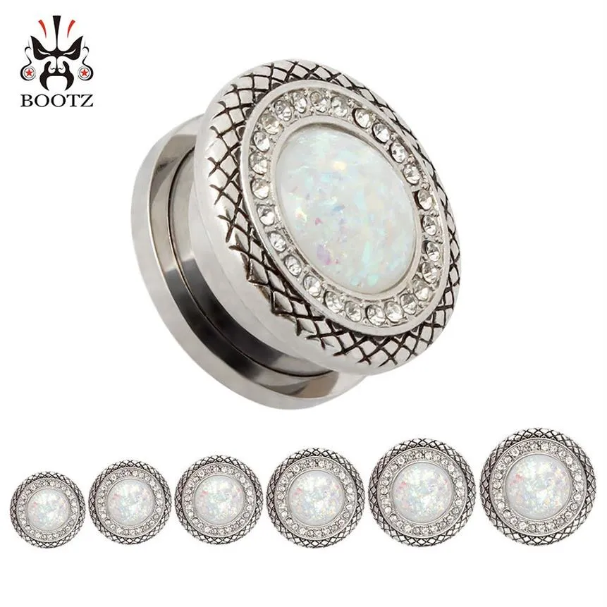 KUBOOOZ Acero inoxidable Patrón de ópalo blanco Tornillo Tapones para los oídos Túneles Joyería del cuerpo Piercing Pendiente Medidores Camillas Expansores Whole283y