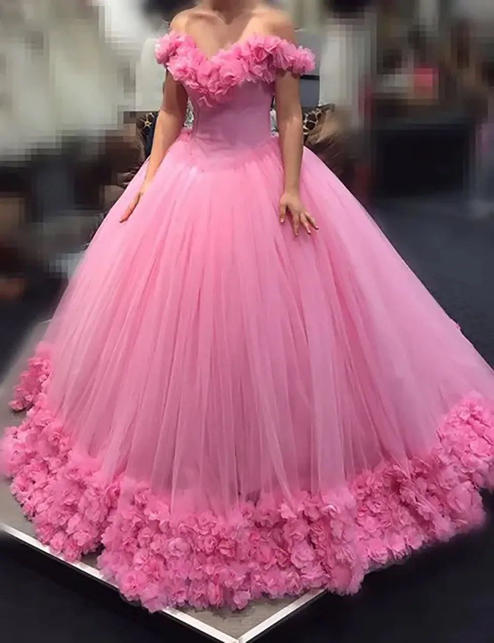 Pink Ball Gowns Quinceanera Dresses Off Shoulder Hand Made Flowers